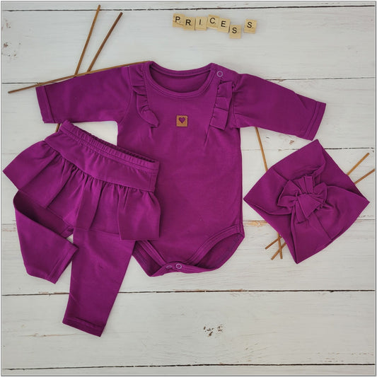 3 részes fodros szett: body+leggings+fejpánt, lila